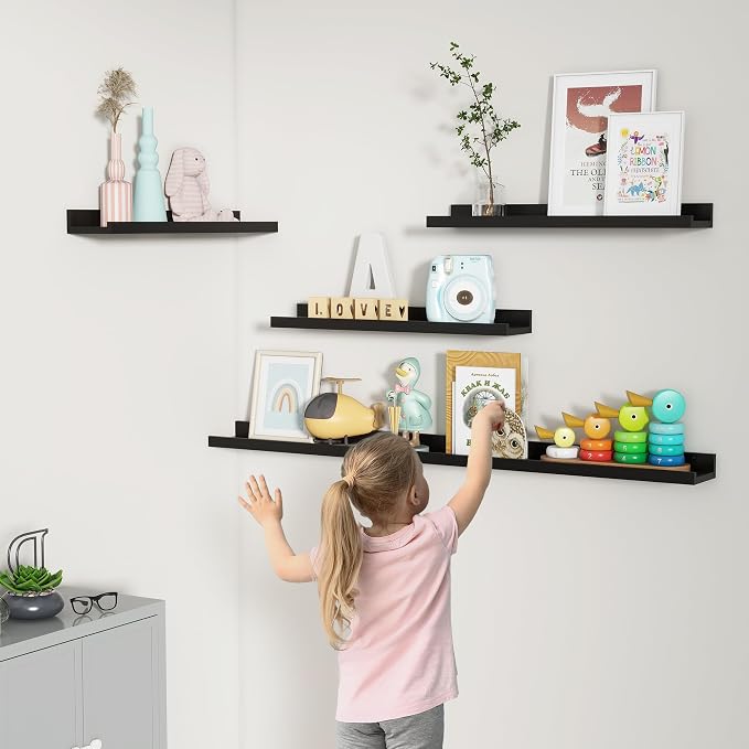 Picture Ledge Shelf, Floating Shelves for Wall, 24" W Set of 2, Black | FSC Certified Engineered Wood, Wall Mounted Bookshelf, for Nursery Living Room Bedroom, Pre-Drilled, Easy Install