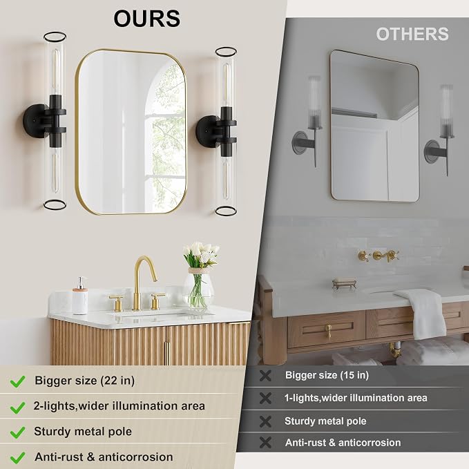 Black Wall Sconces, Set of 2, 22'' Modern Vanity Lights Fixture for Bathroom with Clear Glass, Wall Sconces Lighting, for Living Room/Bathroom Hallway Mirror/Bedroom (Bulbs Not Included)