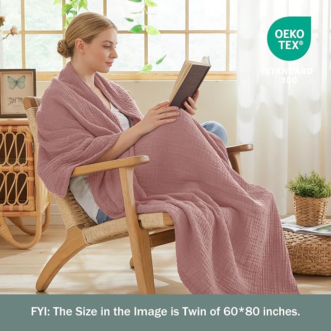 EMME Muslin Blankets for Adults Throw Blanket for Couch Breathable Gauze Soft Lightweight Airy Dusty Pink King 108" x 90"