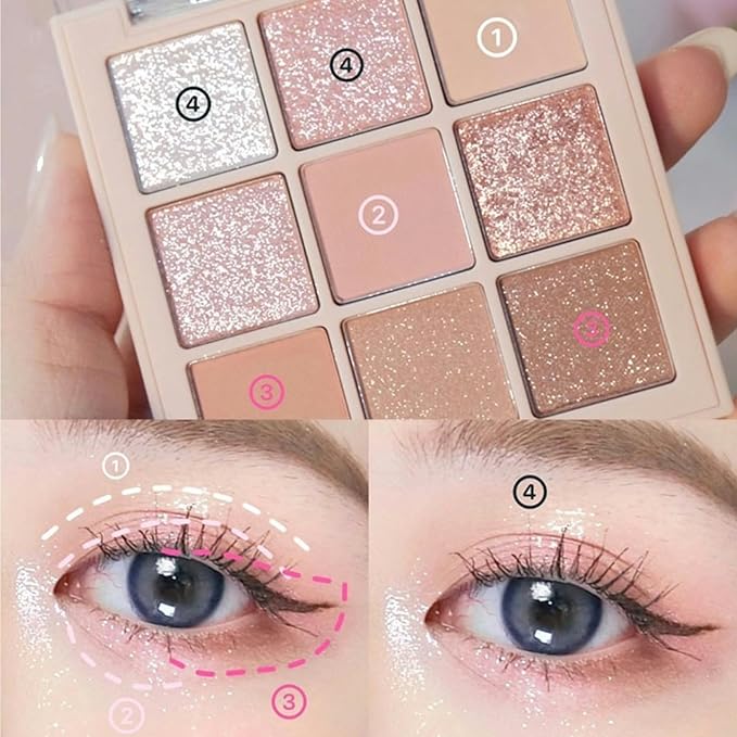 9 Colors Glitter Shimmer Eyeshadow Makeup Palette, Korean Natural Eye Shadow Palettes Highly Pigmented Long Lasting Waterproof Blendable sombras para ojos Pink Golden Brown Women Girls Eye Shadow