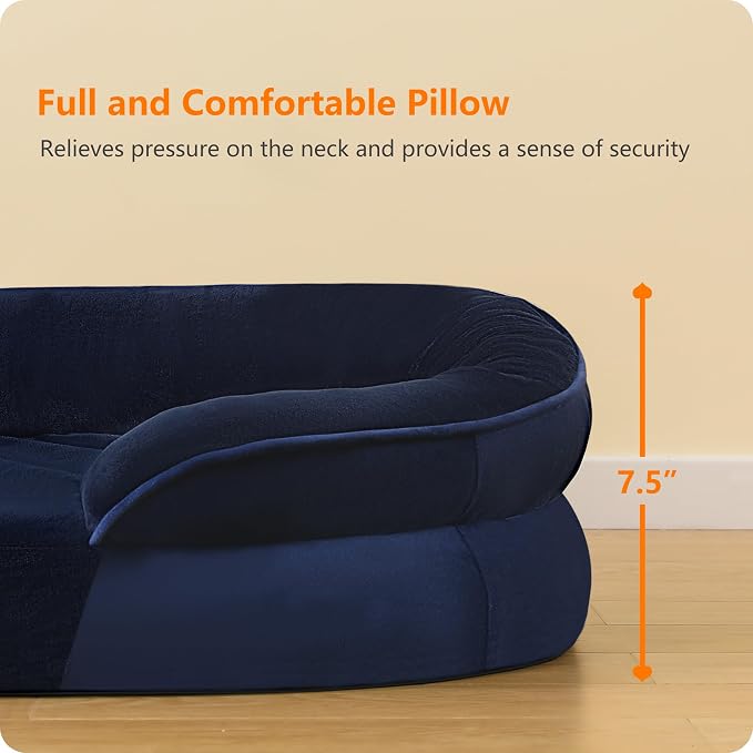 Dwanton Orthopedic Waterproof XX-Large Dog Bed Sofa, Gel Memory Foam, 48" | Egg-Crate Foam Dog Sofa, Washable Pet Bed with Four Sided Bolster Cushion, Removable Cover & Non-Slip Bottom, Navy Blue