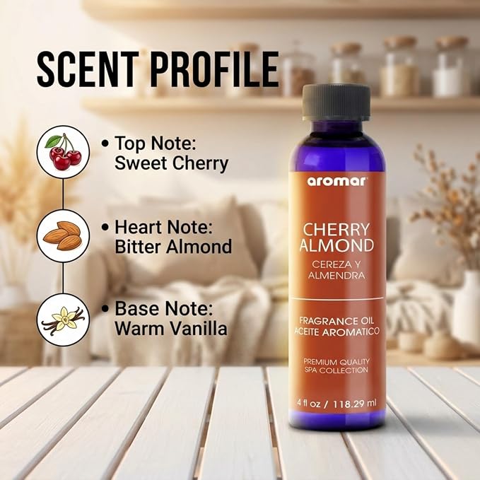Aromar Premium Fragrance Oil, Long-Lasting, Refreshing Uplifting Aroma for Aromatherapy, Relaxation & Household Uses, Cherry Almond 4 oz.