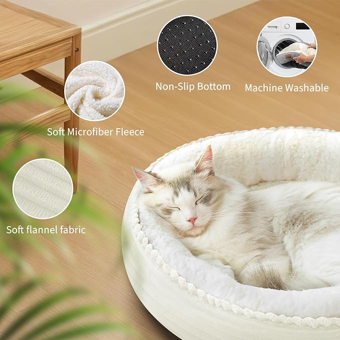 Zerbuger 23in Cream Round Dog Bed Sofa for Dogs Cats, Machine Washable | for Small/Medium/Large Dogs Cats, Foam Pet Couch with Removable Mat Non-Slip Bottom, Pet Cuddler for Indoor/Outdoor/Car/Cage