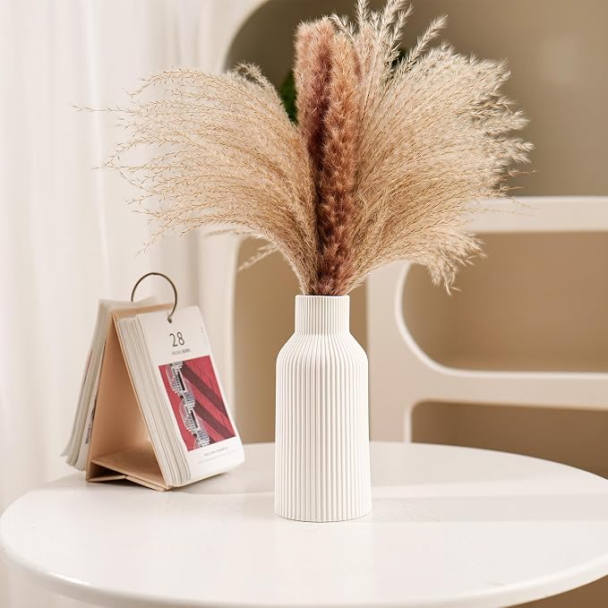 Bohemian White Ceramic Vase - for Pampas Grass, Mantel, Bookshelf, Entryway and Living Room Decor (White, 7in)
