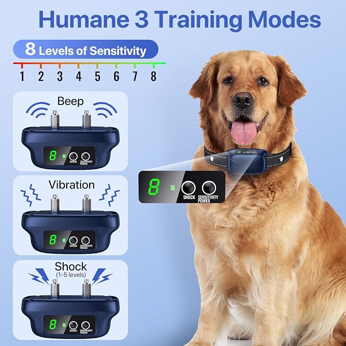 Dog Bark Collar, Smart Bark Collar with 8 Sensitivity Levels for Large Medium Dogs, Auto Rechargeable No Bark Collar with Beep Vibration Modes, Waterproof Anti Barking Collars-K06