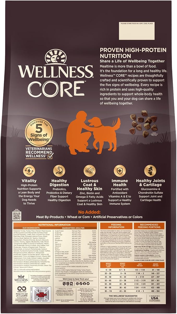 Wellness CORE Adult Dry Dog Food, Grain Free Kibble, Natural, High Protein, Turkey and Chicken Recipe, 26 lb Bag