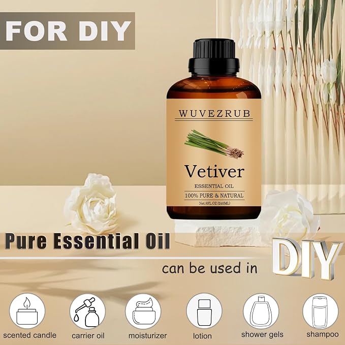 Vetiver Essential Oils, 240ML Pure and Natural Essential Oil for Aromatherapy Diffuser - Vetiver /8 Fl Oz