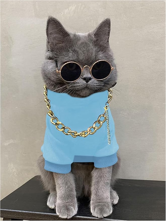 3Pcs Dog Hoodie Cat Apparel Dog Custume Set with Necklace and Sunglasses Pet Clothes for Puppy Small Medium Dogs Cats Light Blue X-Small