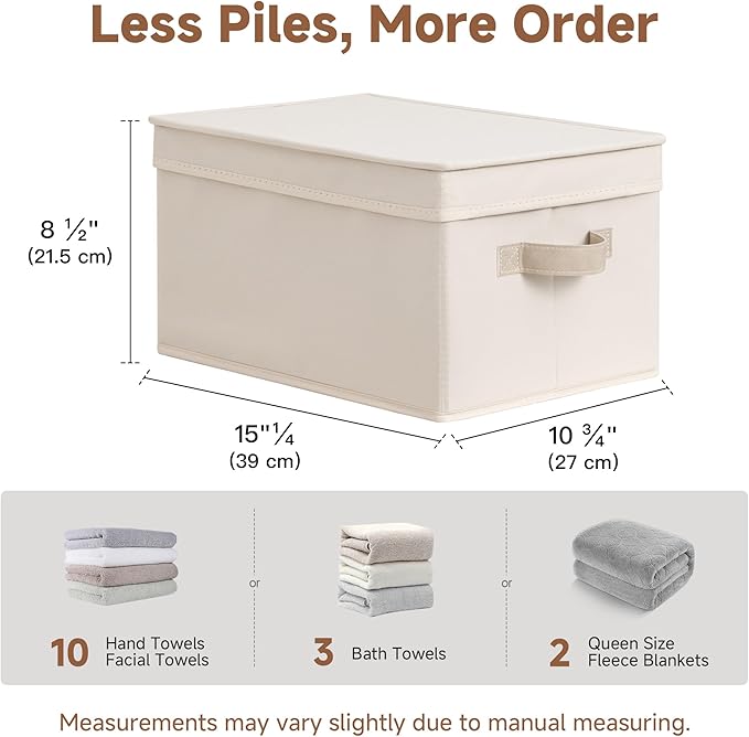 StorageWorks Storage Bins with Lids, Storage Basket with Lid, Closet Bins | Lidded Dust-proof, Easy Pull Handles, Foldable, Stackable, Ideal for Clothes Blanket Towel, Large, Cream White, 3-Pack