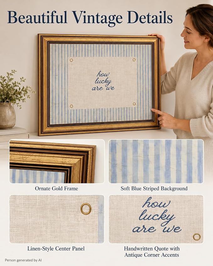 Vintage Gold Framed Wall Art, How Lucky Are We Quote Canvas, 16x24IN | Blue striped inspirational print with a rustic farmhouse look for bedrooms, living rooms, nurseries, dorms, or entryways.