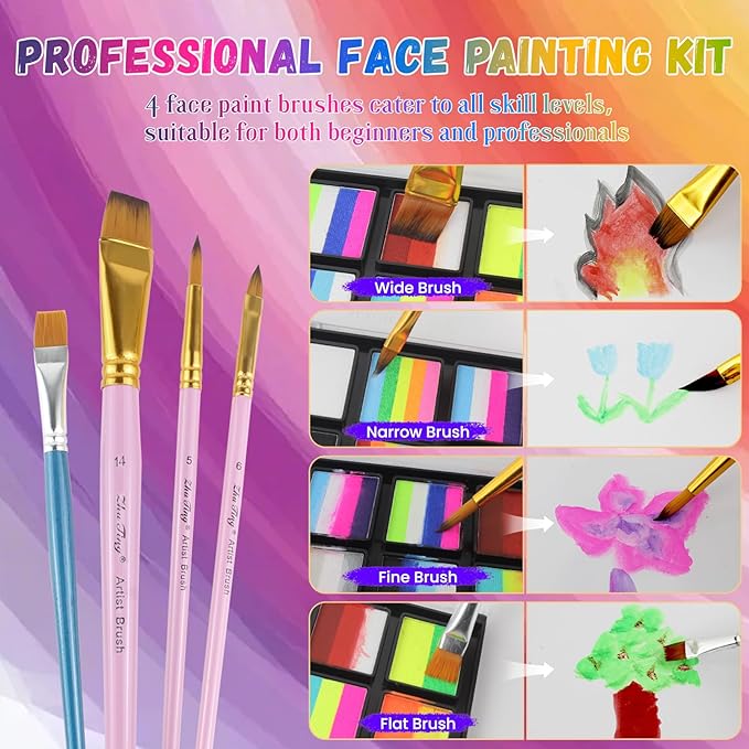 Water Activated Face Paint, Highly Pigmented Face Painting Kit, Quick-Drying Body Paint for Adults, Split Cake Face Paint with 4 Face Paint Brushes for Halloween, Easter, Parties