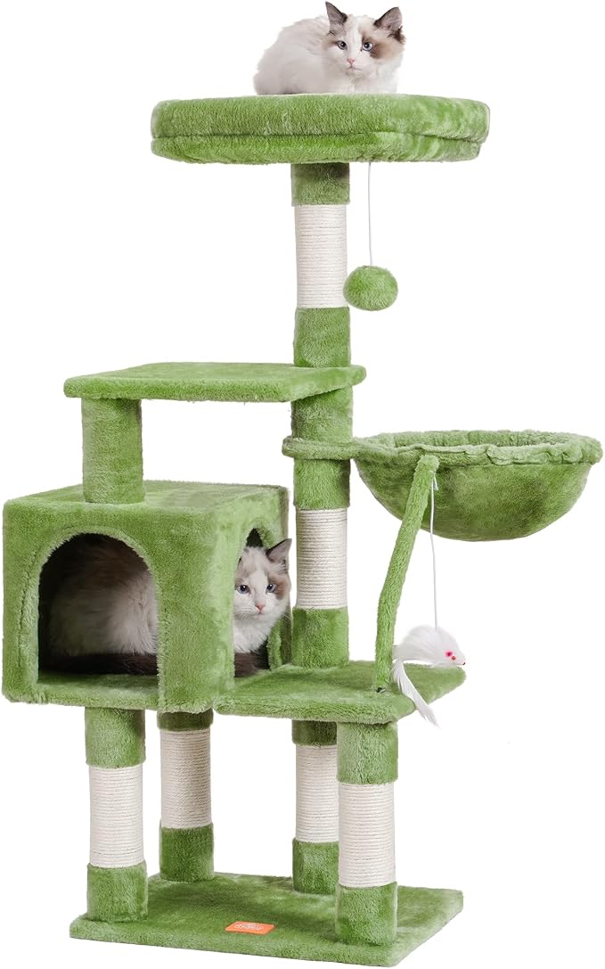 Heybly Cat Tree with Toy, 43.3 inch Cat Tower for Indoor Cats HCT004SGR | Cat Condo with Durable Sisal Scratching Posts, Cat House with Padded Plush Perch, Cozy Hammock, Green