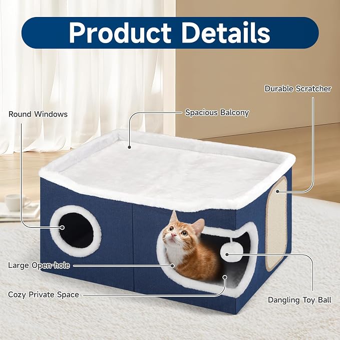 Shikha Extra Large Cat House Bed for Multi Cats with Scratch Pad Blue | 24 x 17.7 x 12.6 IN Widen Cat Cave Cube for Multi Pets, Foldable, Arc-Edge Design, Oval Door, All Seasons Reversible Cushion