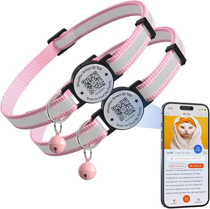 Breakaway Cat Collar QR Code, Reflective Bell, Adjustable Kitten Pink 2pk