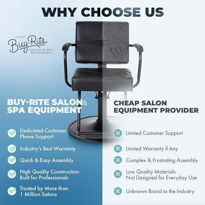Buy-Rite Atlas Styling Chair for Professional Salons and Barbershops, Extra-Wide Seat, Black Metal Frame, Premium Black Vinyl with Detailed Stitching, Open Back Design, Hydraulic Base, NIN-5516
