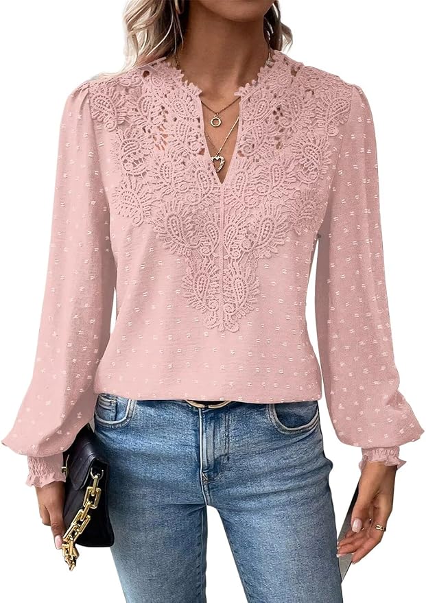 Womens Tops Swiss Dot Boho Long Sleeve Shirts V Neck Casual Chiffon Blouses Flowy Lace Hem Cute Clothing Trendy 2026
