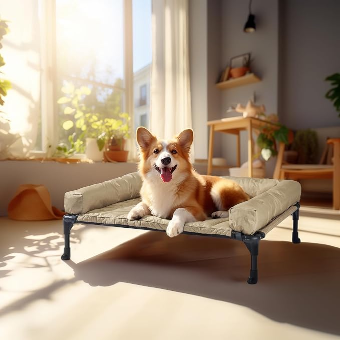 Veehoo Outdoor Elevated Dog Bed with Waterproof Bolster Cushion, Cooling | Raised Dog Bed with Removable & Washable Mat Topper, Breathable Mesh, Dog Couch Cot for Indoor Outdoor, 32", Medium, Beige