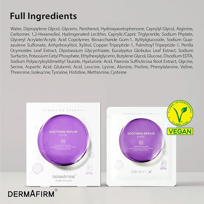 Dermafirm Soothing Repair Face Mask Sheets R4 | Hydrating Essence Leave-On Korean Facial Mask with Eucalyptus, Peptide and Collagen | Gentle on All Skin Types No Animal Trials No Paraben (5 EA, 1 oz)