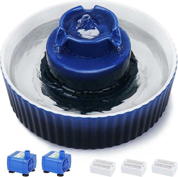 Lawfery Ceramic Cat Water Fountain, 2.1L/71oz Cupcake Pet Fountain | 3 Carbon Filters, 2 Quiet Pumps, Heavy Ceramic Body, and 360° Drinking Area, Drinking Bowl for Indoor Cats and Small Dogs