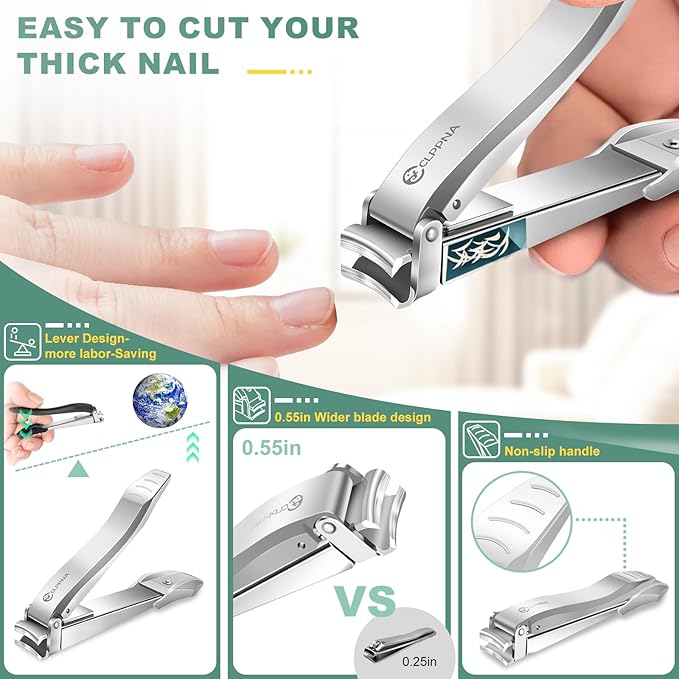 Nail Clippers for Men with Catcher, CLPPNA Heavy Duty Finger Nail Clippers Adult, Stainless Steel Nail Cutter, Fingernail & Toenail Clippers Ideal Gift for Men & Grooming Gifts, Silver