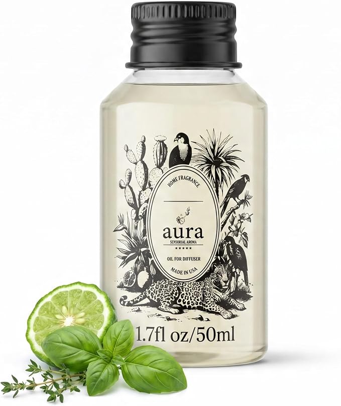 A U R A - Ponza Fragrance Oil for Waterless Scent Diffuser - Inspired by J. Malone Lime Basil Mandarin | 1.7 fl oz / 50 ml Pure Essential Oil Blend for Aromatherapy & Hotel Collection Diffuser