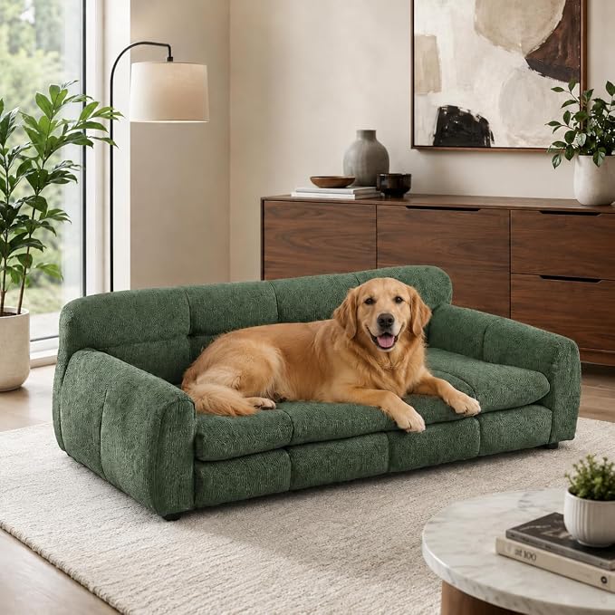 51"×28" Large Dog Sofa, for Large & Extra Large Dogs | Detachable Cushion | Reinforced Low Base|Non-Sagging |Linen Fabric | Soft Cushion | Armrest & Backrest | Olive Green
