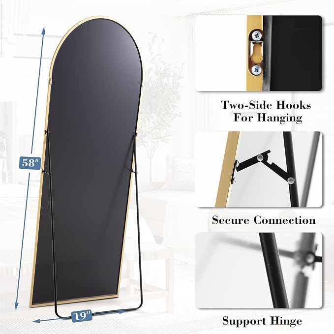 DUMOS 58"x19" Arched Full Length Mirror with Stand, Full Body Floor Mirror | Free Standing or Wall Mount, Nano Glass Aluminum Frame, Hanging or Leaning, Modern Simple Home Decor, Gold