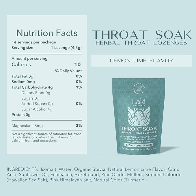 Laki Naturals Throat Soak Herbal Throat Lozenges (2 Pack) – Hawaiian Sea Salt Sore Throat & Dry Mouth Soothing Drops – Vegan, Non-GMO, Sugar-Free & Gluten-Free Sweet and Salty Herbal Candies