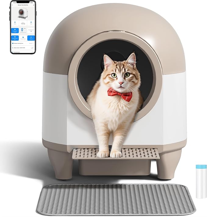 WARCAT Self-Cleaning Litter Box – 90L, APP, Sensors, Brown | 90L large capacity for multiple cats. APP-controlled with smart sensors. Safety protection. Includes mat & 1 garbage bag.