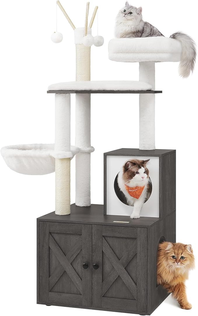 Feandrea Cat Tree with Litter Box Enclosure, 59-Inch Modern Cat Tower | 2-In-1 Condo with Scratching Posts, Washable Removable Cushion, Misty Gray UPCT113G02