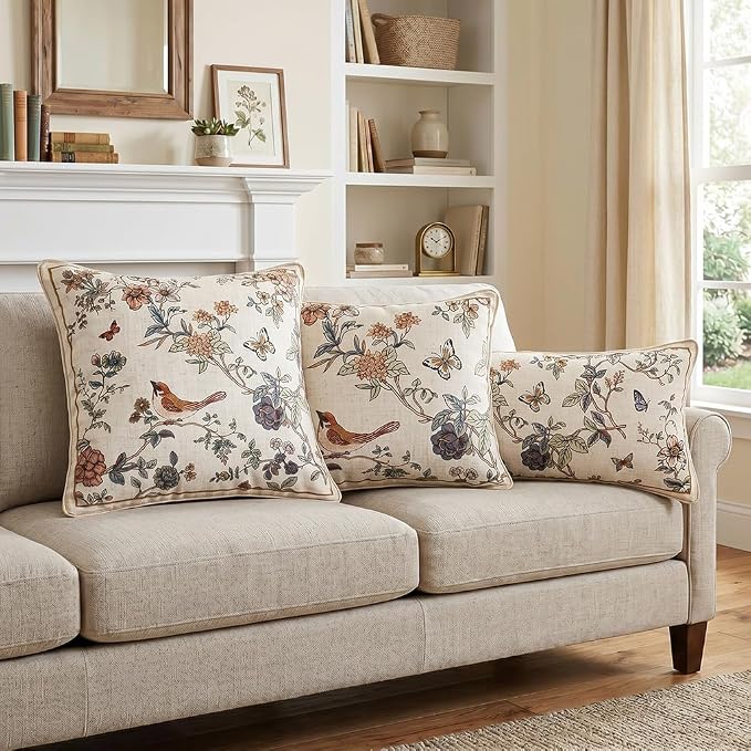 Designer Vintage Linen Throw Pillow Cover,18"x18"-Cornucopia A | Elegant French Square Pillow Cover,Concealed Zipper,Floral and Bird Pattern,Sofas,Bedroom,Living Room,Lounge Chairs