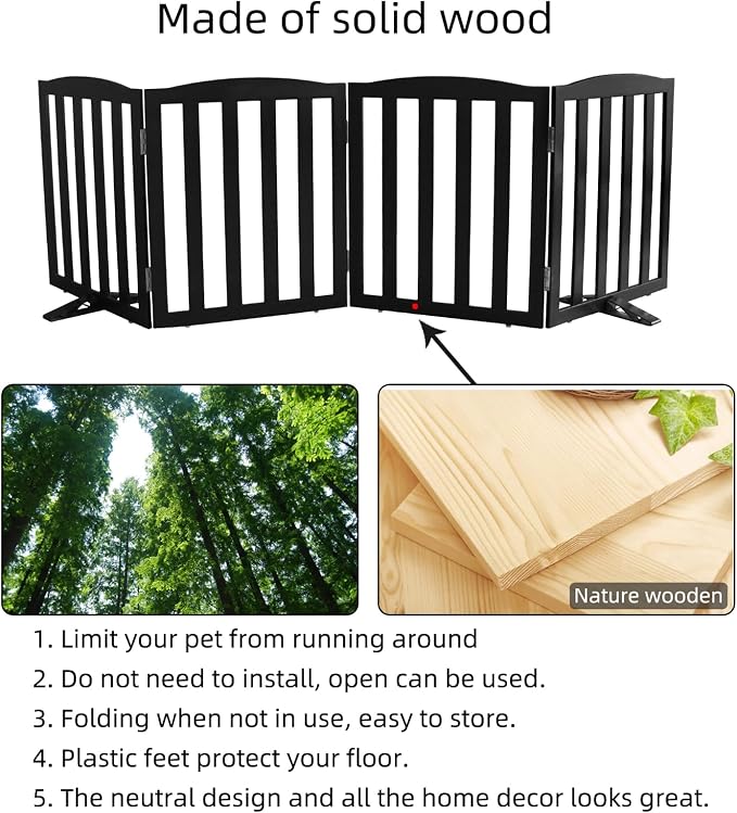ZJSF Foldable Freestanding Indoor Dog Gate for House Wood Long Pet Gates Dog Fence for Stairs Puppy Gates for Hallways, Puppy Gate,Support Feet Included, Black, 24 "Height-4 Panels