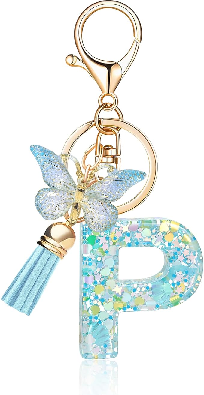 Fashion Alphabet Initial Letter Keychain Tassel Butterfly Pendant Key Ring for Purse Handbags Women Girl
