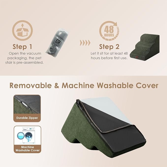 EHEYCIGA Curved Dog Stairs Ramp, 3-Step Dog Steps, 15.7" H Pet Step | 33D density of pure foam, for Small Dogs and Cats, Pet Stairs for High Bed Climbing, Non-Slip Balanced Indoor, Military Green