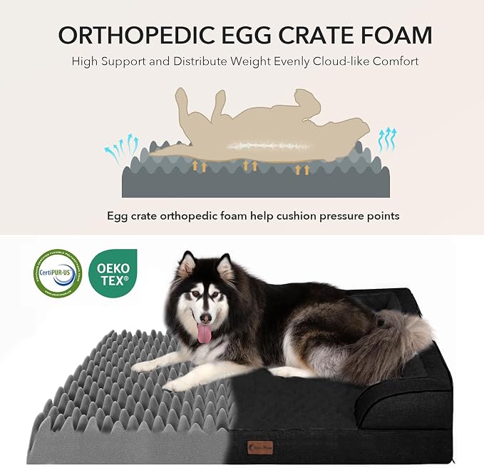 Orthopedic Washable Dog Bed for Large Dogs, 36x27in, Black | Orthopedic Foam Eases Joint Pressure, Bolsters Supports Head And Neck, Washable Pet Beds, Removable Cover, Non-Slip Bottom