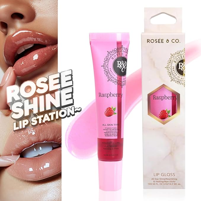 Rosee Lip Gloss Vegan & Cruelty Free Treatment, Professional Make up, Long Lasting Glossy with Shea Butter, Moisturize, Protect & Smooth, High Shine, Non-Sticky (k. Raspberry, 0.5 Fl Oz)