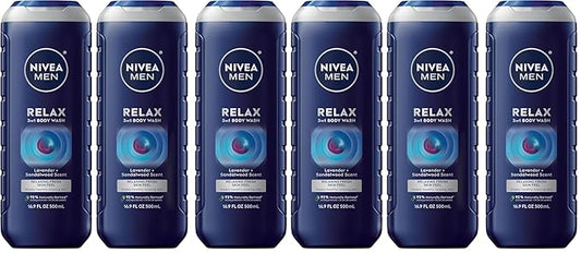 Nivea Men Relax 3-in-1 Body Wash, Lavender and Sandalwood Scented Men's Body Wash Cleanses Face, Body and Hair, 16.9 Fl Oz Bottle, Pack of 6