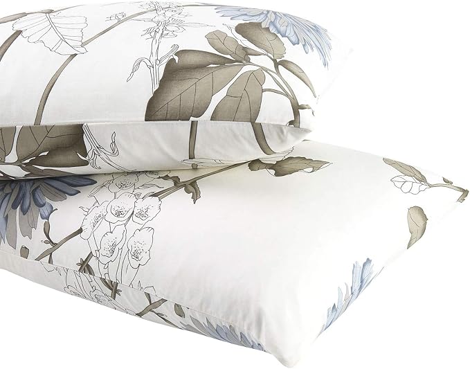 Wake In Cloud - Floral Pillow Cases, 100% Cotton Fabric, Vintage Flower Shabby Chic Farmhouse Botanical, Set of 2 Pillowcases Pillow Shams Covers, Gray Beige, European Size 26x26 Inches