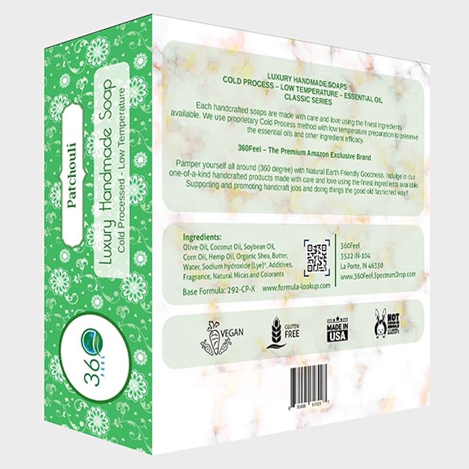 360 Feel Patchouli Bar Soap - Made in the USA - Castile Handmade All Natural Cold Processed - Infused with Artisanal Scent for Relaxation & Calm - Rich, Creamy Lather (5oz, 4-Pack)