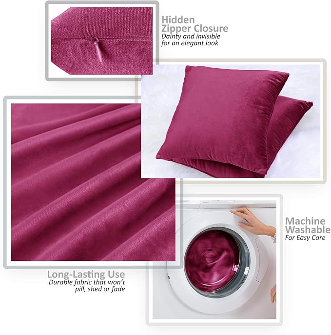 Throw Pillow Inserts Pack of 2 with Velvet Soft Solid Decorative Square Throw Pillow Covers Set for Sofa Couch Car Bedroom, 26X26 Throw Pillows Inserts with 24x24 Washable Cushion Covers, Magenta