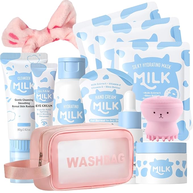 12PCS Milk Skin Care Set for Kids & Teens, 12 IN 1 Moisturizing Milk Skincare Set for Kids Girls Ages 8-12, Milk Skin Care Kit for Girls Teens 10-12, Birthday Gifts for Kids, Face Care Kit, Bulk Gifts