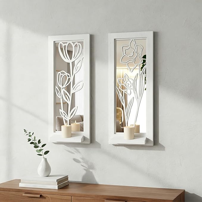 ZEXUIRU 2 Set Rustic Candle Sconces Living Room Bedroom Entryway Wood Mirrored, Farmhouse, Carved Frame Wall-Mount Wooden Candle Holders Wall Decor Hanging Handmade Holder - Distressed White