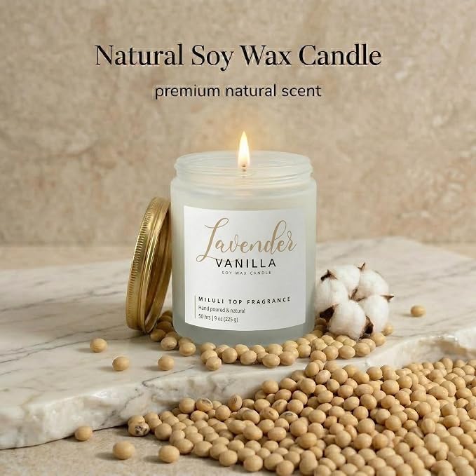 Lavender Vanilla Scented Candles for Home - 15% Essential Oil Luxury Aromatherapy - Handmade Natural Soy Wax Candle for Relaxation,Sleep- 9oz Frosted White Jar,50H Clean & Non-Toxic Burn