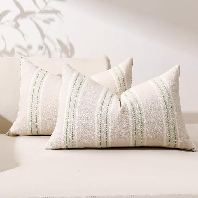 Hckot Stripe Throw Pillow Covers 12x20 Set of 2 Light Green Pillow Covers | Farmhouse Decorative Pillows Textured Linen Square Cushion Covers for Sofa Couch Bed Living Room Decor