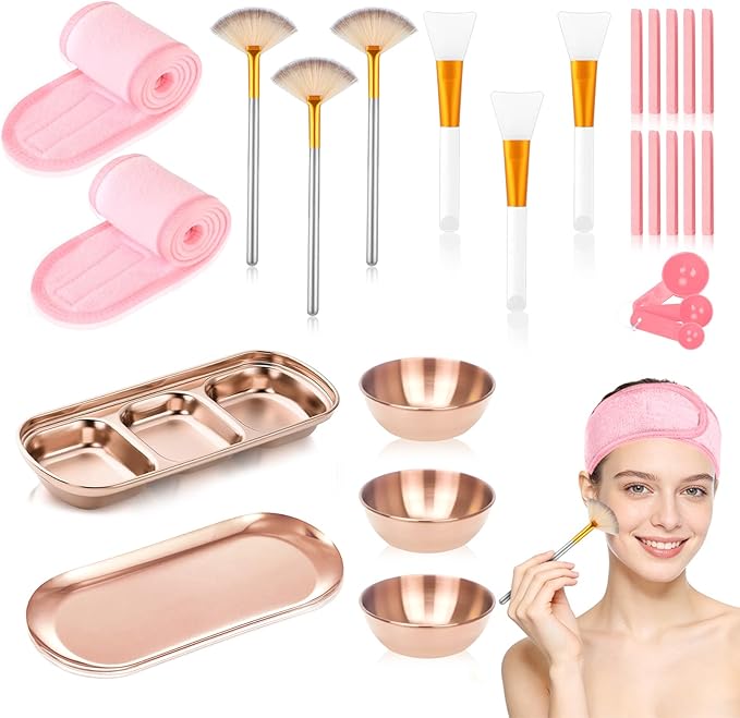 28 Rose Gold Facial Supplies 3 Facial Mask Mixing Bowls 3 Facial Fan Brushes 3 Mask Applicator Brushes 3 Mask Measuring Spoons Skincare Tray 3-Compartment Tray 12 Facial Sponges 2 Spa Headbands