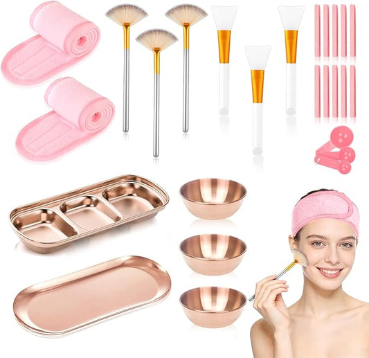28 Rose Gold Facial Supplies 3 Facial Mask Mixing Bowls 3 Facial Fan Brushes 3 Mask Applicator Brushes 3 Mask Measuring Spoons Skincare Tray 3-Compartment Tray 12 Facial Sponges 2 Spa Headbands