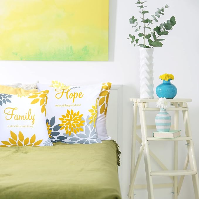 Tatuo 4 Pcs Flower Pillow Covers Square 18 x 18 Inch Yellow Silver Series | Pillow Cushion Cases for Sofa Bed, Family Faith Hope Love Words, Decorative Flower Pattern, Living Room Home Decor