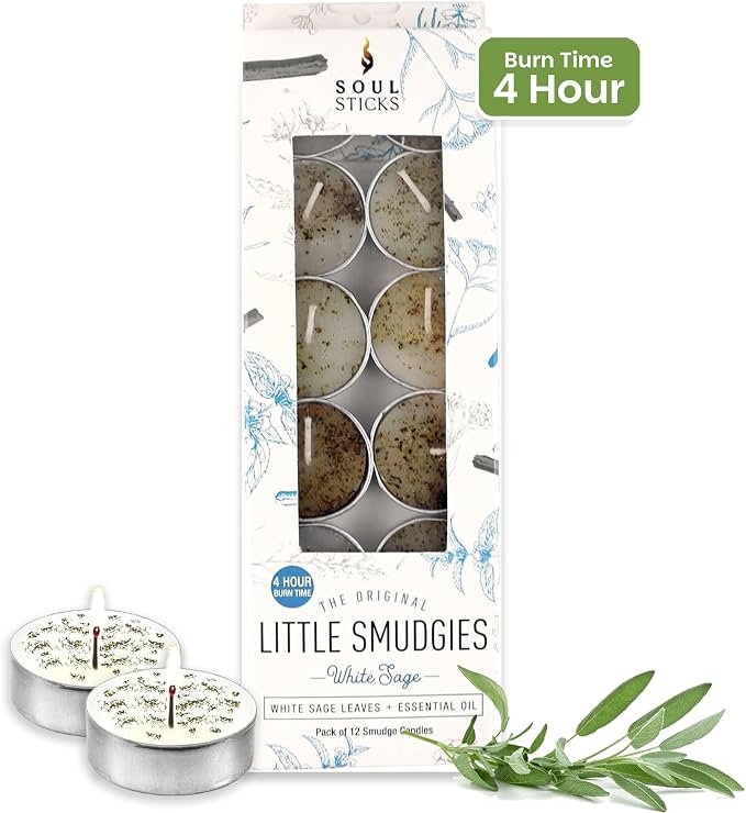 SOUL STICKS 12 Pack Little Smudgies Tealight Candles Smudge Candle for Cleansing House, Meditation, Chakra Healing | Made with Crystals and Herbs (White Sage)