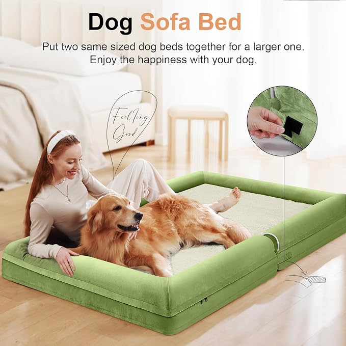 Orthopedic Dog Bed for Jumbo Dogs, 53 x 42 Inch, Grass Green | Egg crate foam for joint support, 3-sided bolster pet sofa, waterproof lining, washable cover, and non-skid base