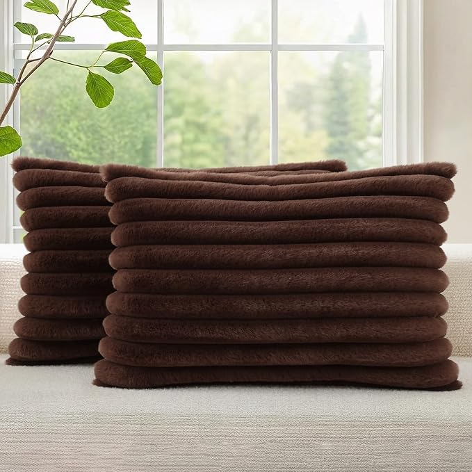 decorUhome Fall Faux Fur Throw Pillow Covers 12x20 Set of 2 Dark Brown | Decorative Soft Cozy Striped Plush Modern Farmhouse Boho Couch Pillow Cases Velvet Back for Sofa Bed Living Room Home Decor